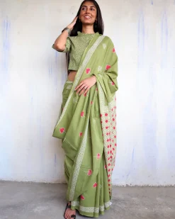Aaina Handblockprinted Cotton Saree - Ajooni