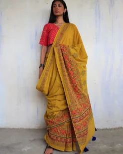 Ahana Handprinted Cotton Saree - Ajooni