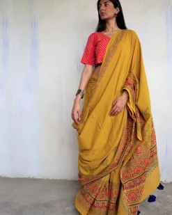 Ahana Handprinted Cotton Saree - Ajooni