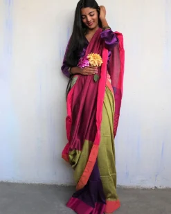Ahona Handwoven Pure Cotton Viscose Saree  - Holi