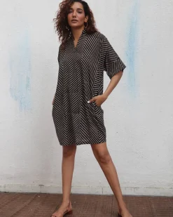 Almond Butter  Handblock Printed Cotton Dress - Mono