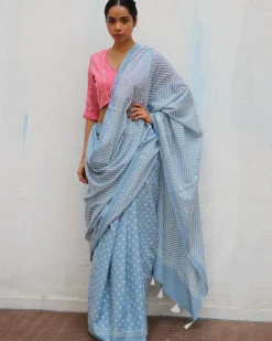 Amortentia Sky Blue Handblock Printed Cotton Saree