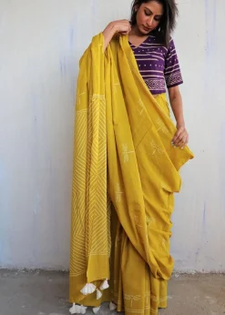 Aponi Hand Blockprinted Cotton Saree - Butterfly Girls