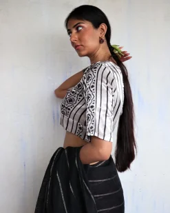 Asha Ivory Hand Blockprinted Mashru Silk Blouse-Yesterday