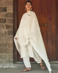 Ashen Lace Ivory Block Printed Dupatta - SFD