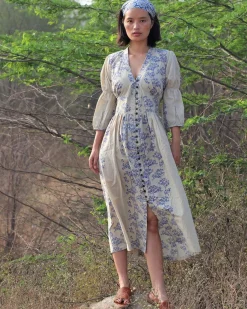 Beige Blue Blockprinted Bel Cotton Dress