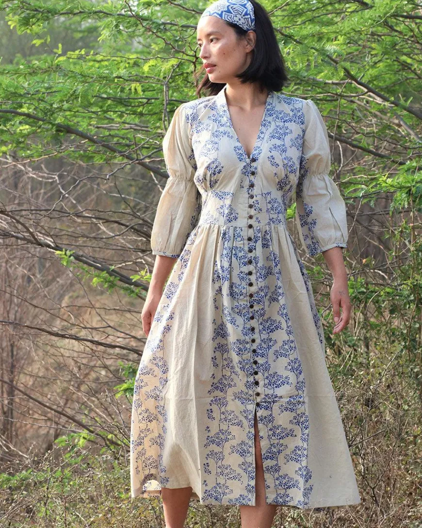Beige Blue Blockprinted Bel Cotton Dress