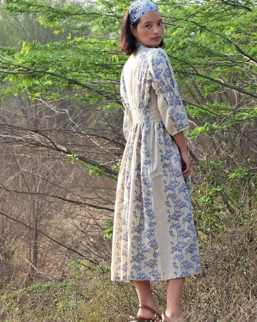 Beige Blue Blockprinted Bel Cotton Dress