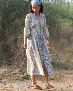 Beige Blue Blockprinted Bel Cotton Dress