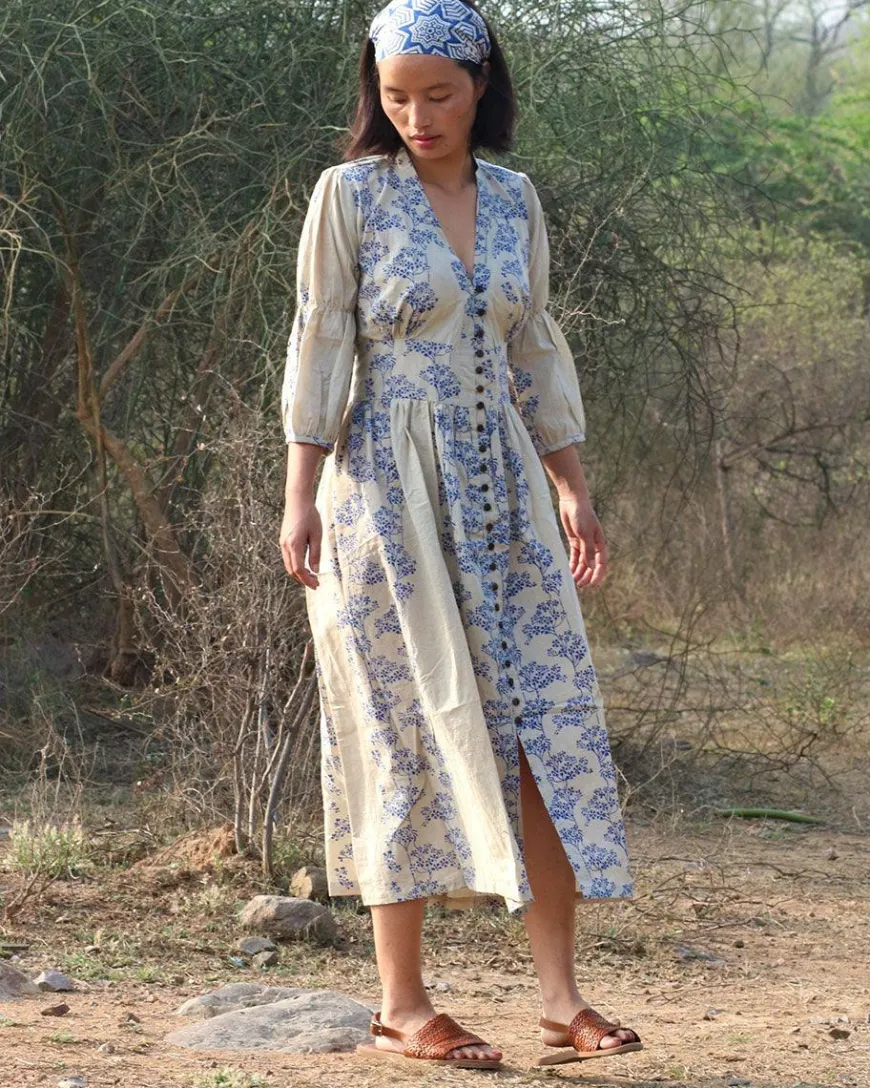 Beige Blue Blockprinted Bel Cotton Dress