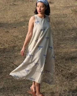 Beige Blue Blockprinted Dragonfly Sleeveless Cotton Dress