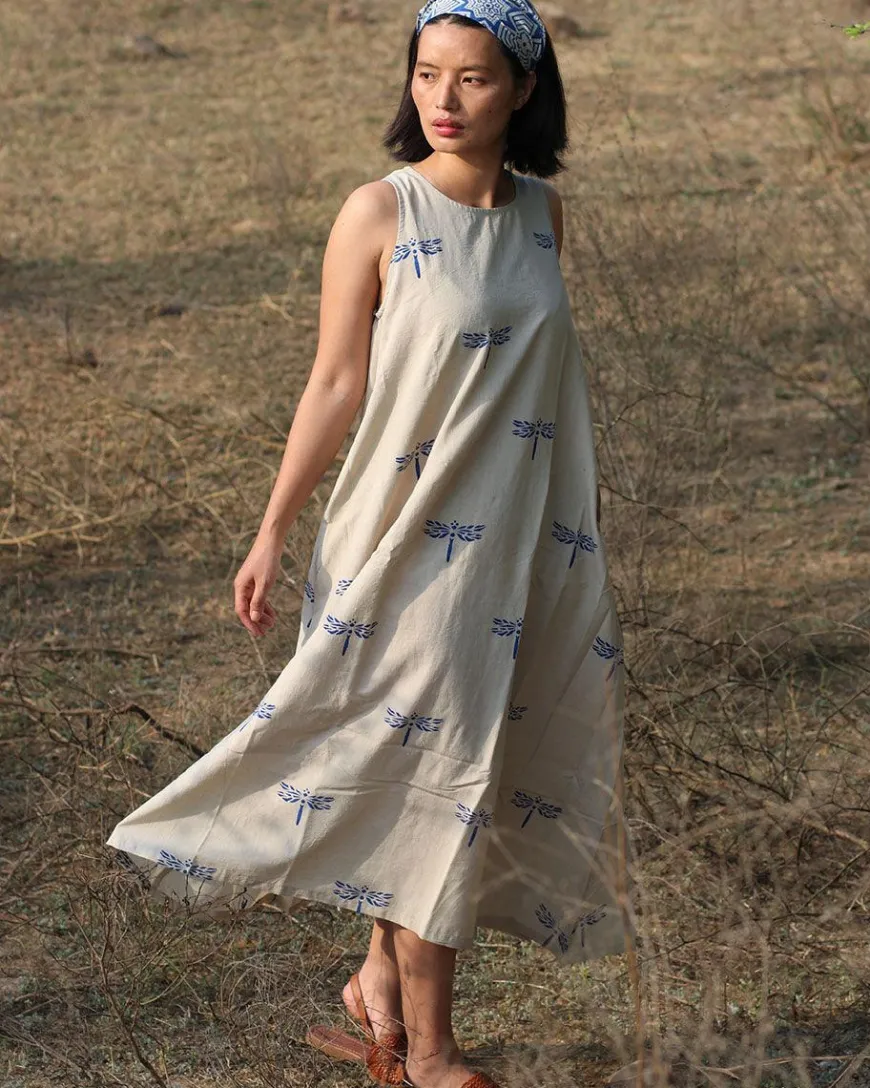 Beige Blue Blockprinted Dragonfly Sleeveless Cotton Dress