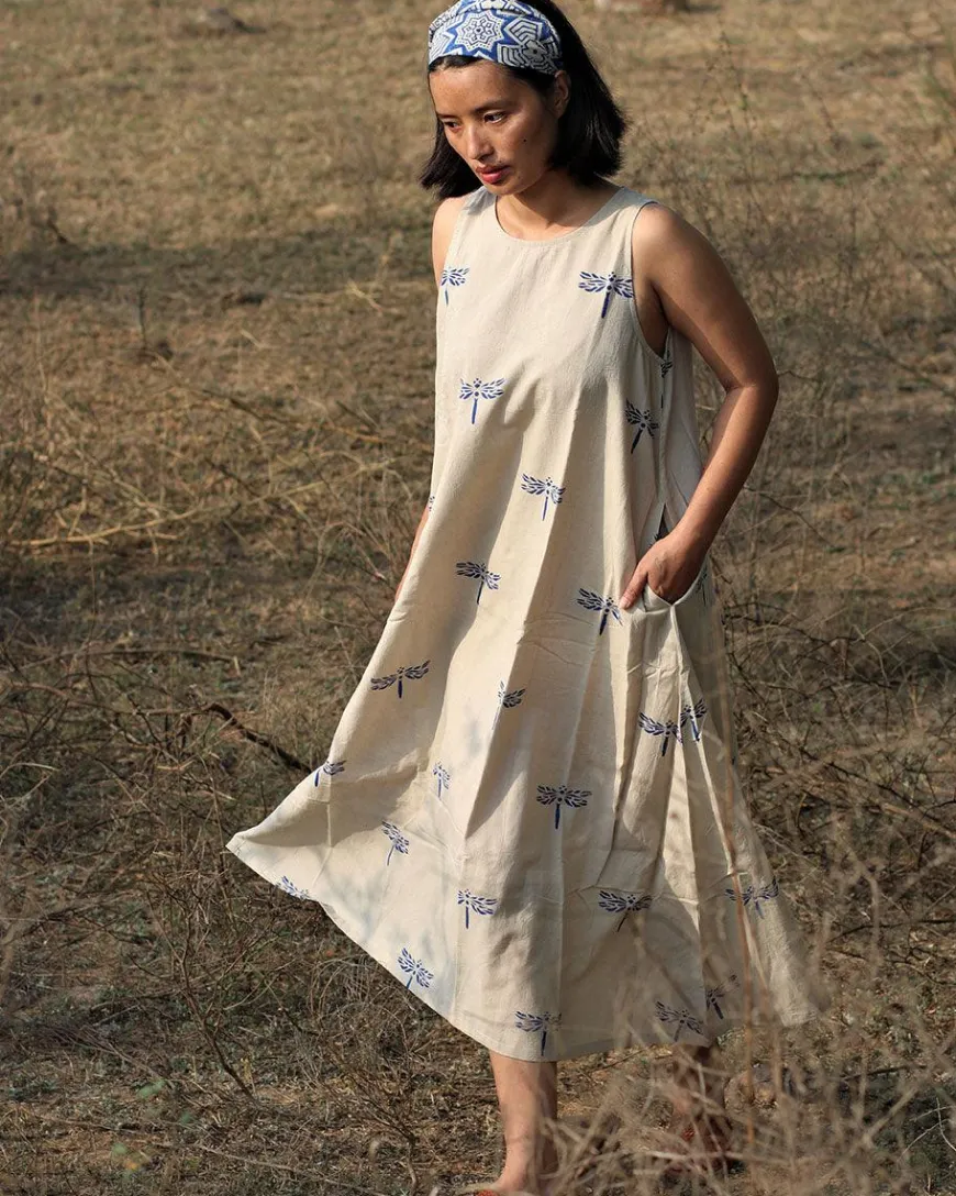 Beige Blue Blockprinted Dragonfly Sleeveless Cotton Dress