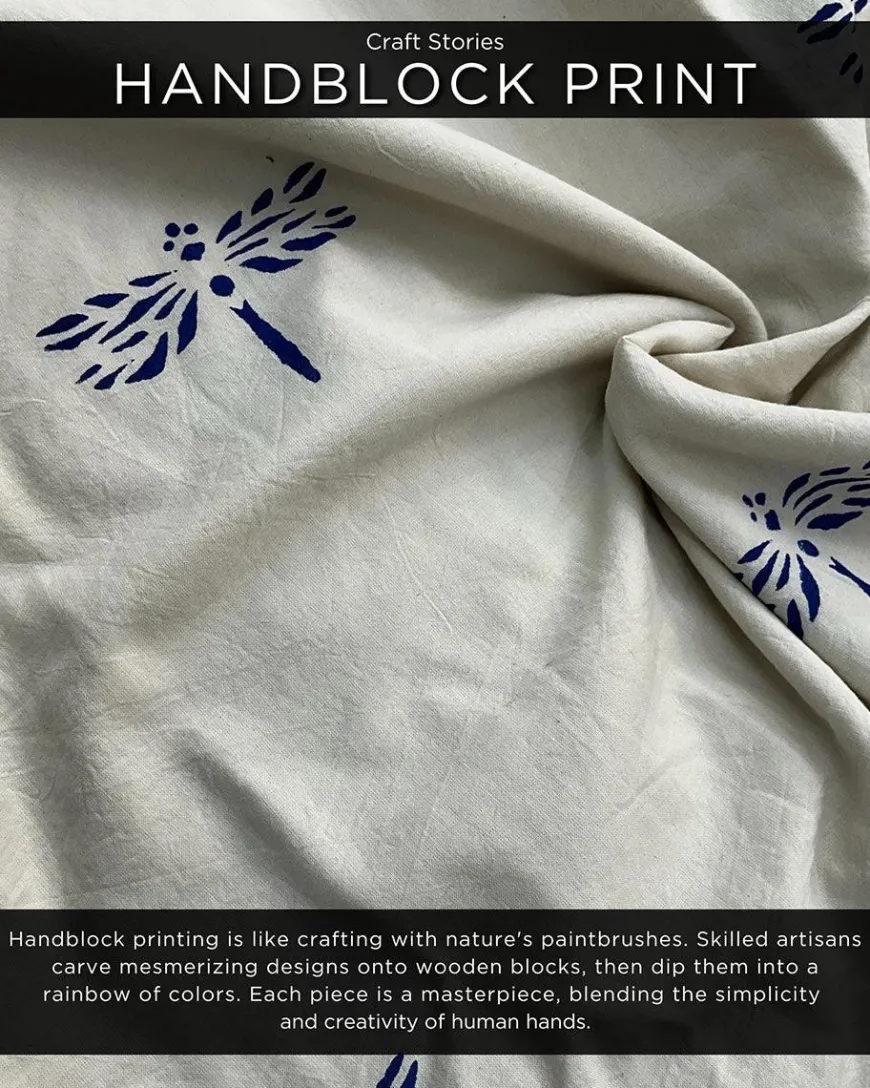 Beige Blue Blockprinted Dragonfly Sleeveless Cotton Dress