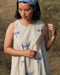 Beige Blue Blockprinted Dragonfly Sleeveless Cotton Dress