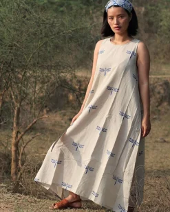 Beige Blue Blockprinted Dragonfly Sleeveless Cotton Dress
