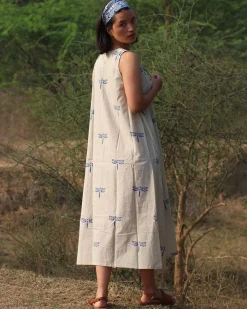 Beige Blue Blockprinted Dragonfly Sleeveless Cotton Dress