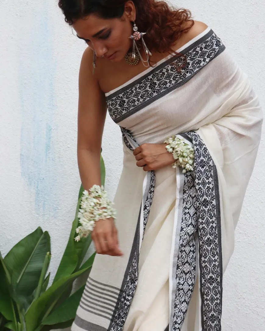 Bhavani Handwoven Linen Cotton Jamdani Saree - Uma