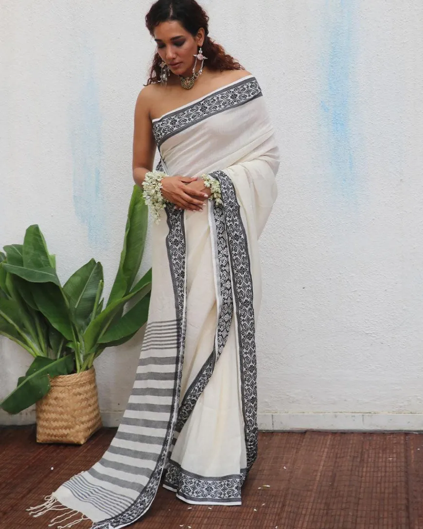 Bhavani Handwoven Linen Cotton Jamdani Saree - Uma