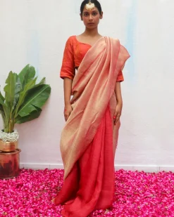 Bibha Maroon Handwoven Linen Zari Saree - Eknoor