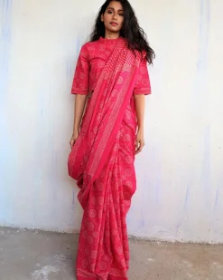 Bira Hand Blockprinted Cotton Saree - Butterfly Girls