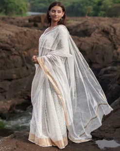 Birch Moon Kota Doria Ivory Block Printed Saree - SFD