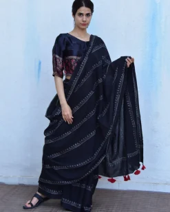 Black Block Printed Cotton Mul Saree