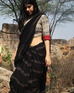 Black Block Printed Cotton Mul Saree