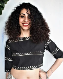 Black Blockprinted Crop Top Cotton Blouse