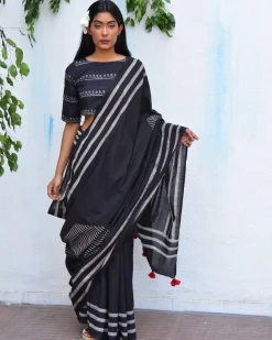 Black Blockprinted Crop Top Cotton Blouse