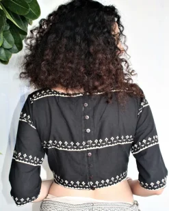 Black Blockprinted Crop Top Cotton Blouse