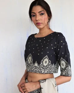 Black Minari Handprinted Crop Top Cotton Blouse - God