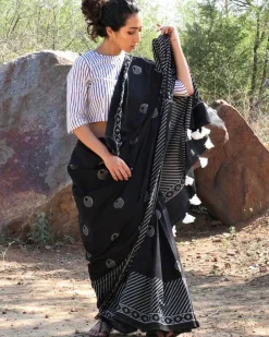 Black Moon Hand Blockprinted Cotton Saree