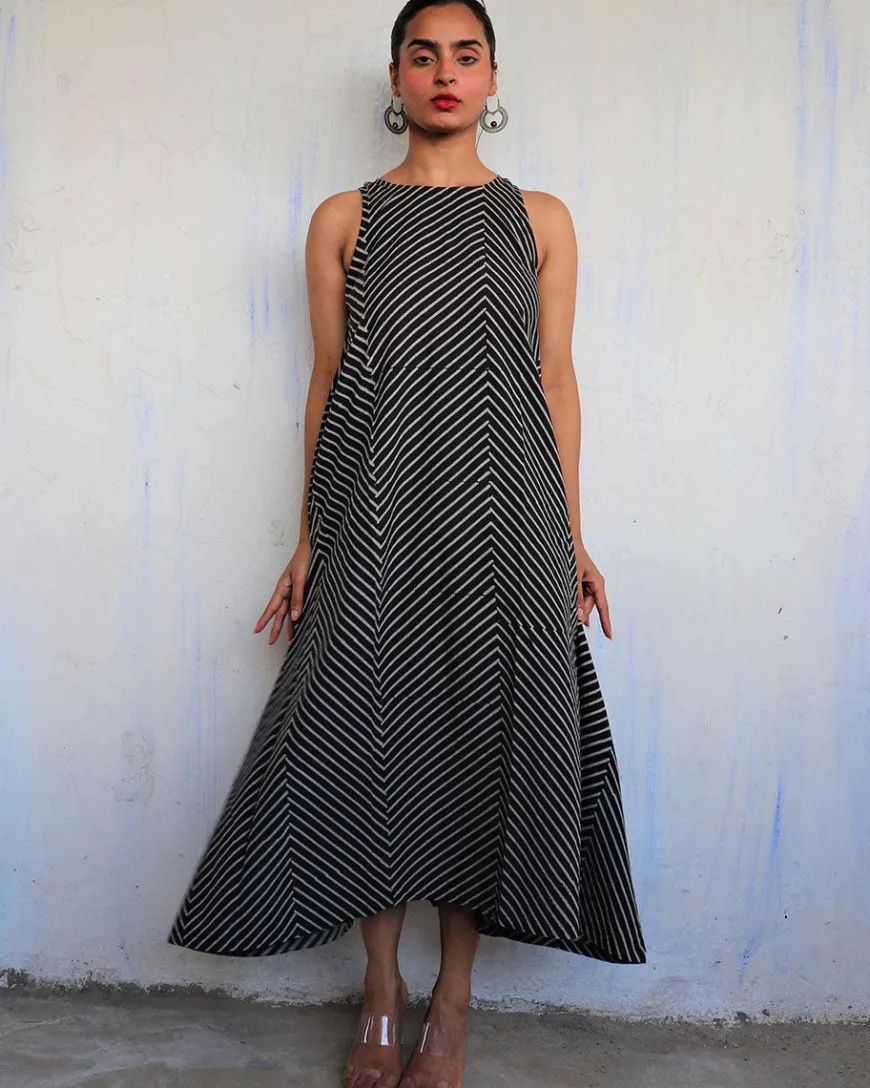 Black Pure Cotton Block Printed Dress-Mono