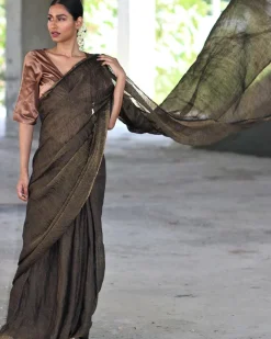 Black Zari Pure Handwoven Linen Saree-Manjari