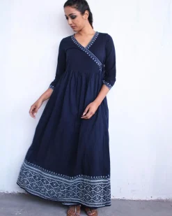 Blue Angarakha Border Blockprinted Cotton Dress