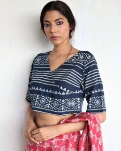 Blue Angarakha Handprinted Cotton Crop Top Blouse - God