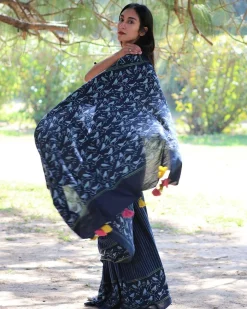 Blue Bird Hand Blockprinted Cotton Saree