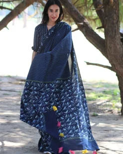 Blue Bird Hand Blockprinted Cotton Saree