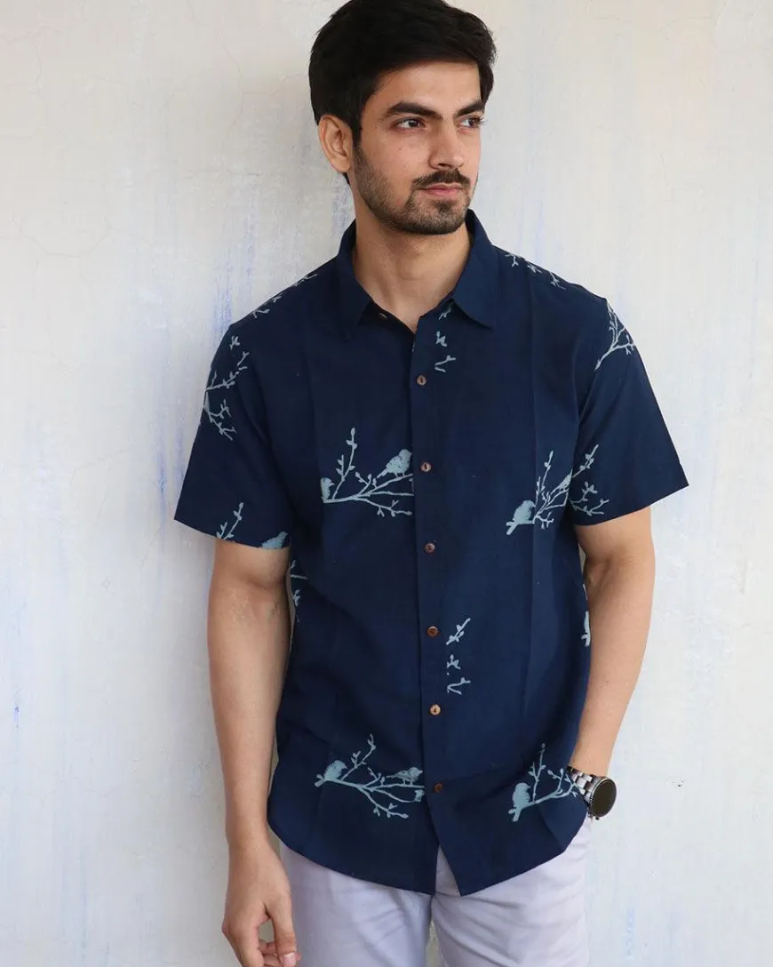 Blue Bird On Branch Block-Printed Men'S Shirt