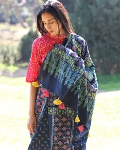 Blue Blockprinted Cotton Mul Saree