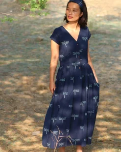 Blue Blockprinted Dragonfly Cotton Dress-Moh