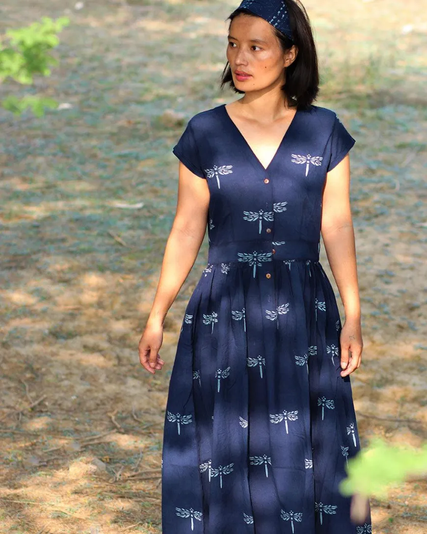 Blue Blockprinted Dragonfly Cotton Dress-Moh