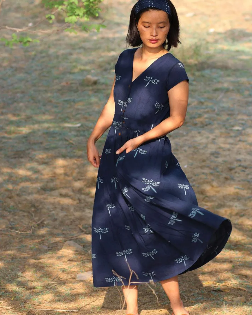 Blue Blockprinted Dragonfly Cotton Dress-Moh