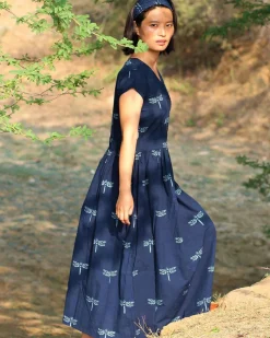 Blue Blockprinted Dragonfly Cotton Dress-Moh