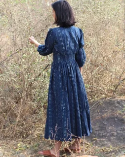 Blue Blockprinted Jal Cotton Dress-Moh