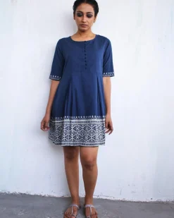 Blue Border Blockprinted Cotton Dress