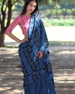 Blue Check And Floral Hand Blockprinted Cotton Mul Saree