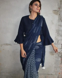 Blue Cotton Crop Top Blouse With Bell Sleeves