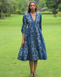 Blue Floral Block Printed Front Slit Cotton Dress-Mon